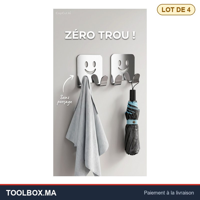 Crochet multifonctionnel d'acier inoxydable de 4 pièces, adapté au stockage de divers articles, forte capacité de charge, sans clous