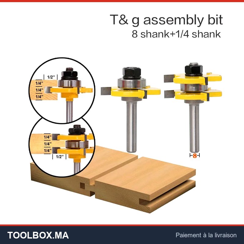 Jeu de 2 fraises à défoncer pour assemblage rainure et languette, queue de 8 mm, qualité supérieure, pour bois de 3/4" – RCT